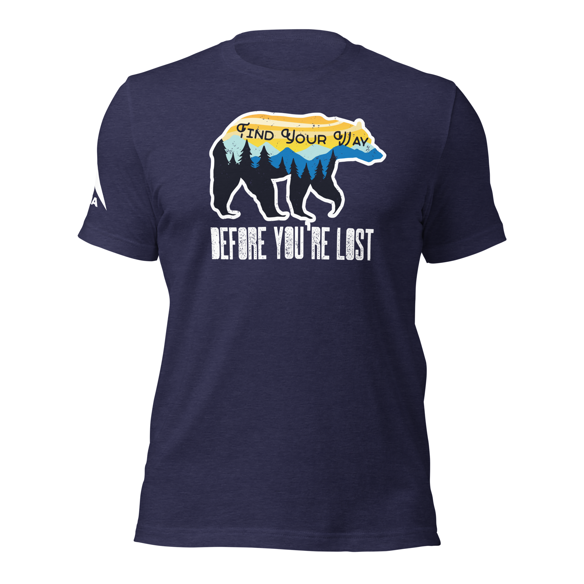 DIA Pathfinder Find Your Way T-Shirt in midnight navy featuring a bear graphic and motivational text "Find Your Way Before You're Lost"