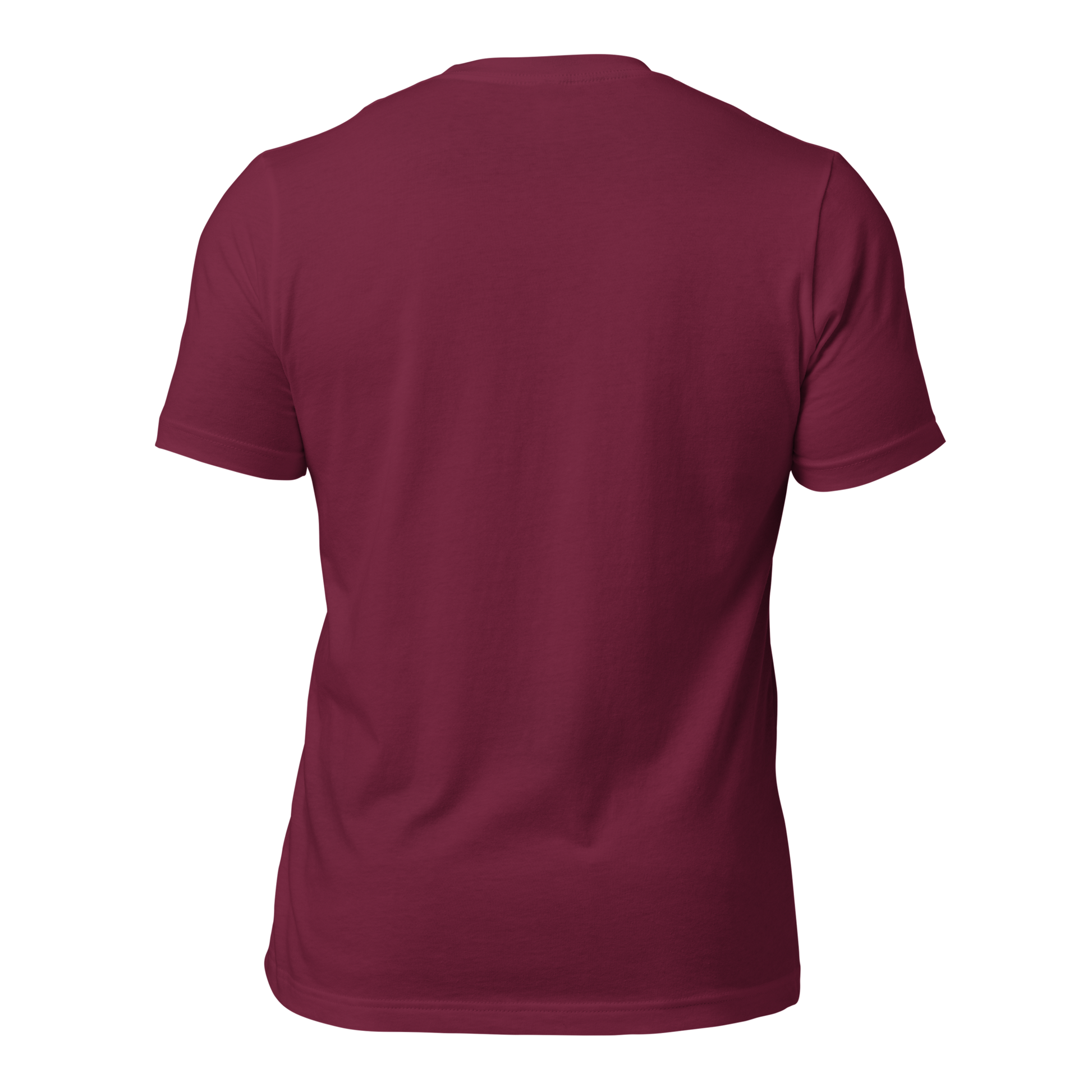 Maroon unisex t-shirt showcasing the back design