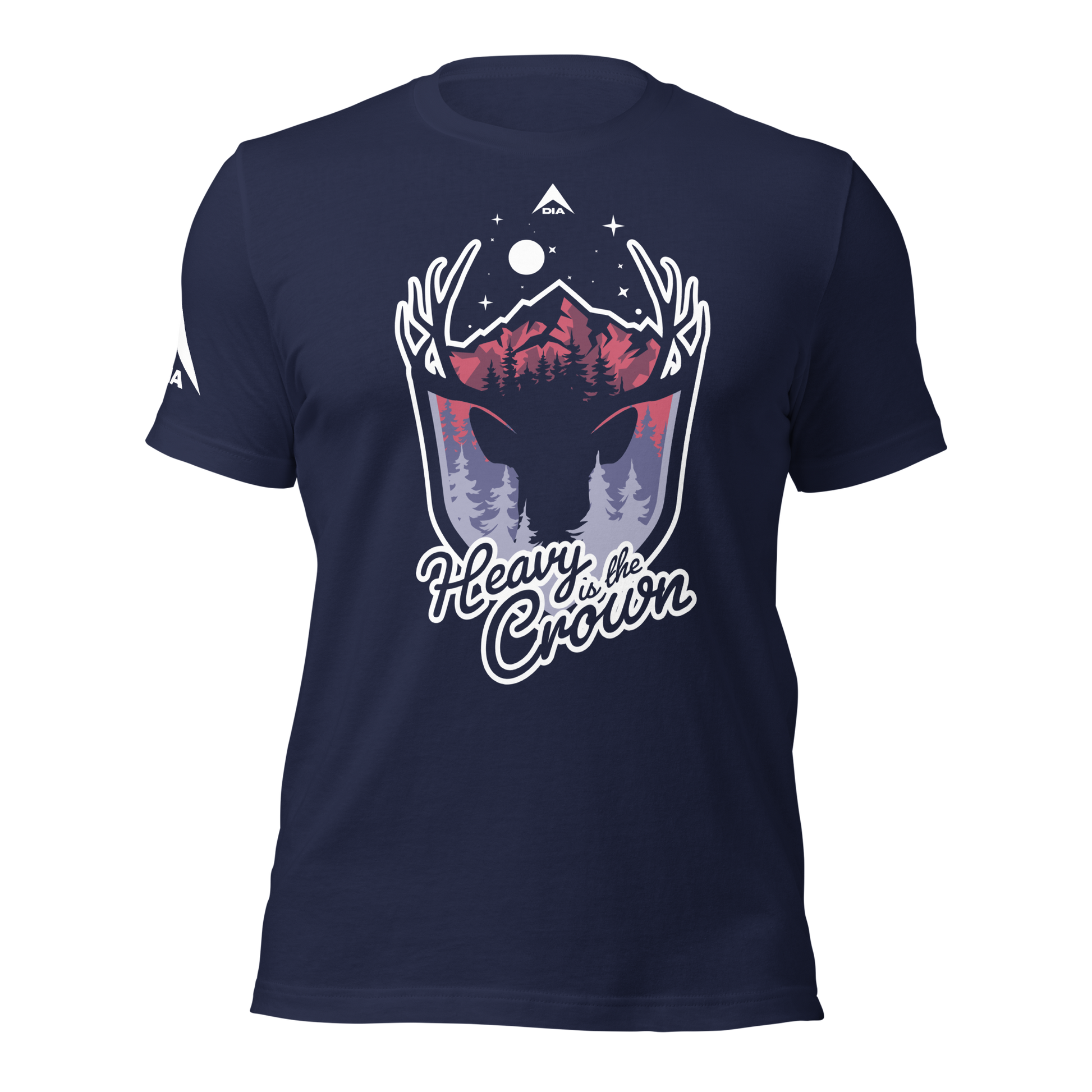 Navy unisex t-shirt featuring "Heavy is the Crown" graphic, depicting a stylized crown and mountain design