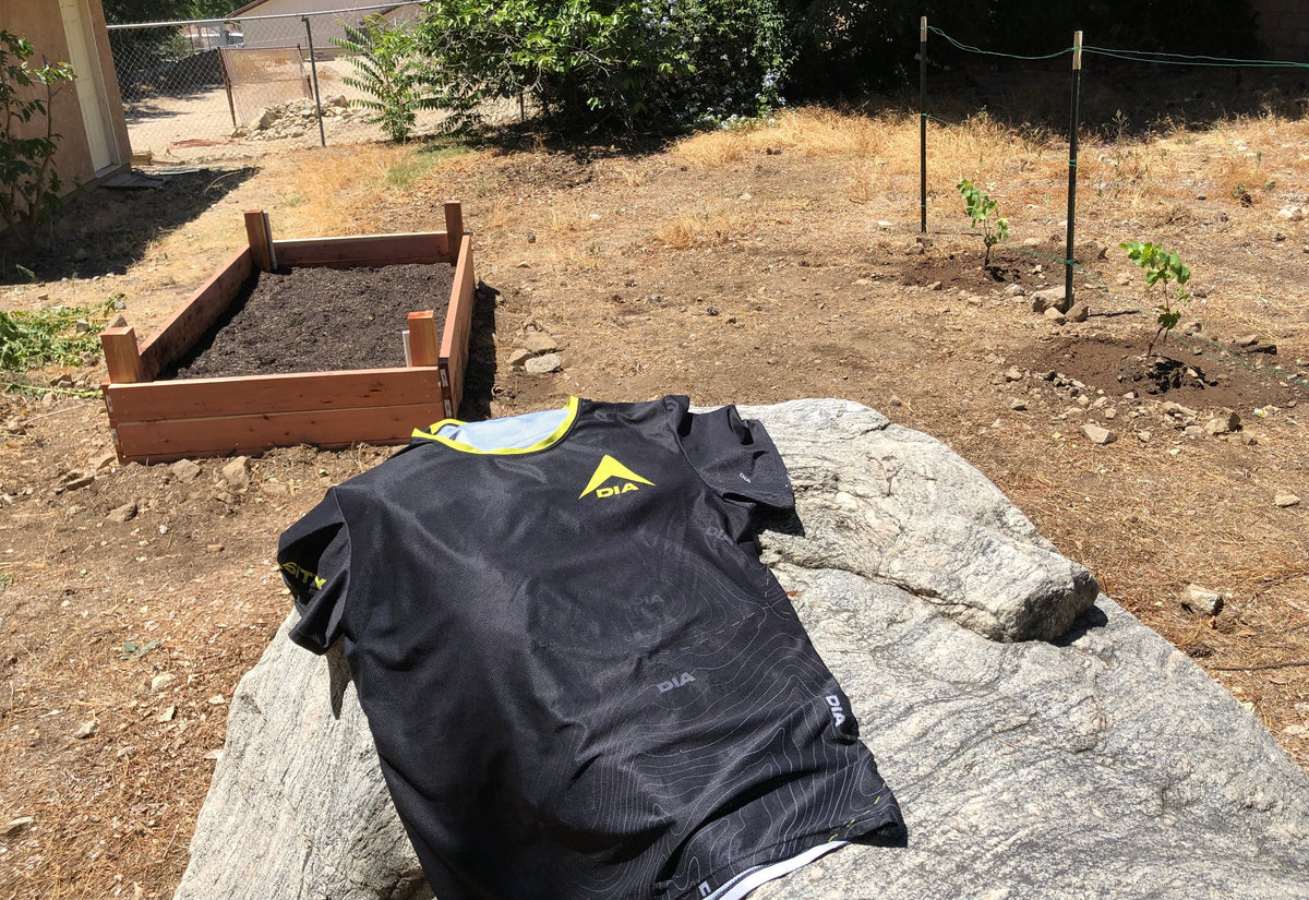 A DIA Pathfinder Intensity Men's Athletic T-Shirt sits on a rock in a yard with a garden bed and grape vines.