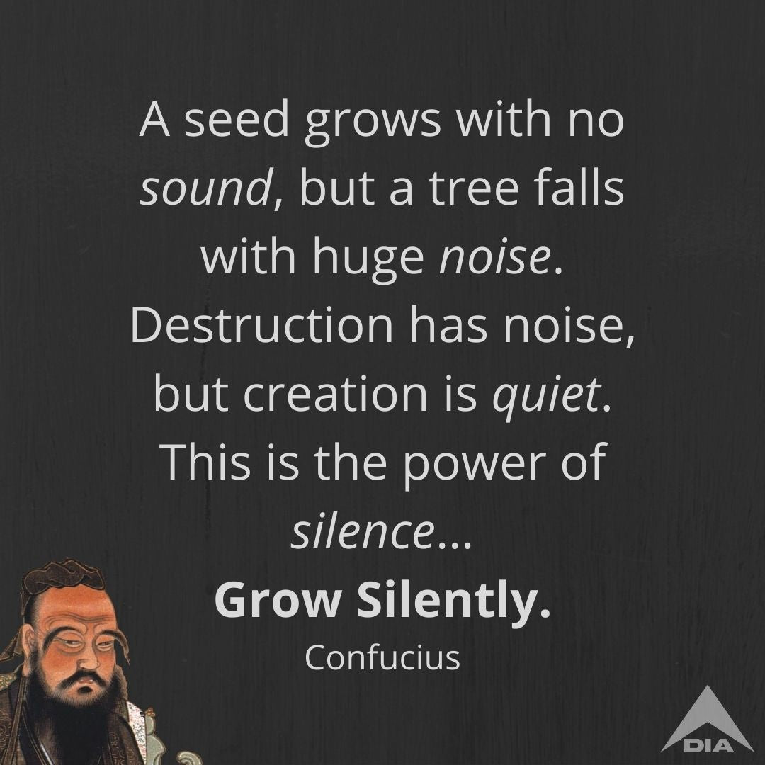 Confucius graphic on a black background with a quote about silence and a white DIA logo.
