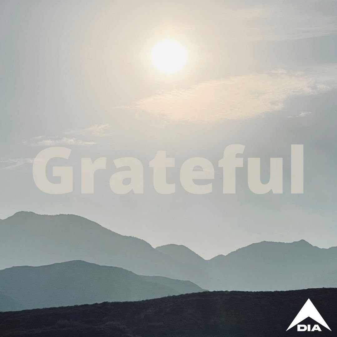 Mountain range setting, with the word "Grateful" and a sun, and a DIA logo.