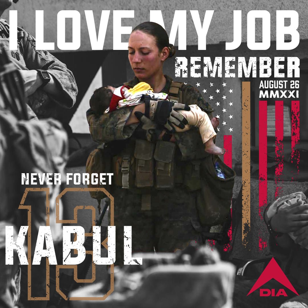 Marine Sgt. Nicole Gee holds an infant in Kabul, Afghanistan, with a red DIA logo in the lower right corner.