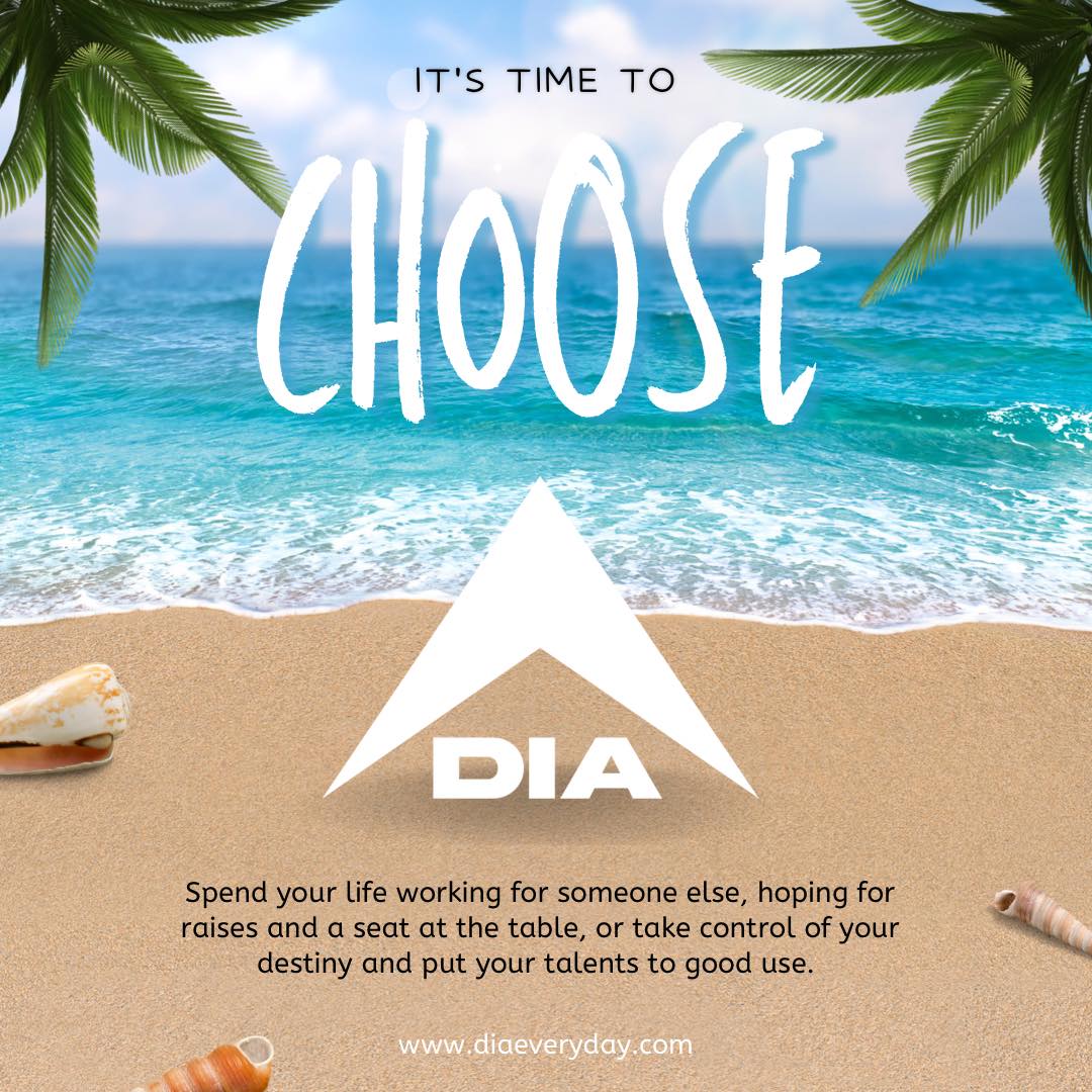 Beach setting with palm trees, featuring a white DIA logo.