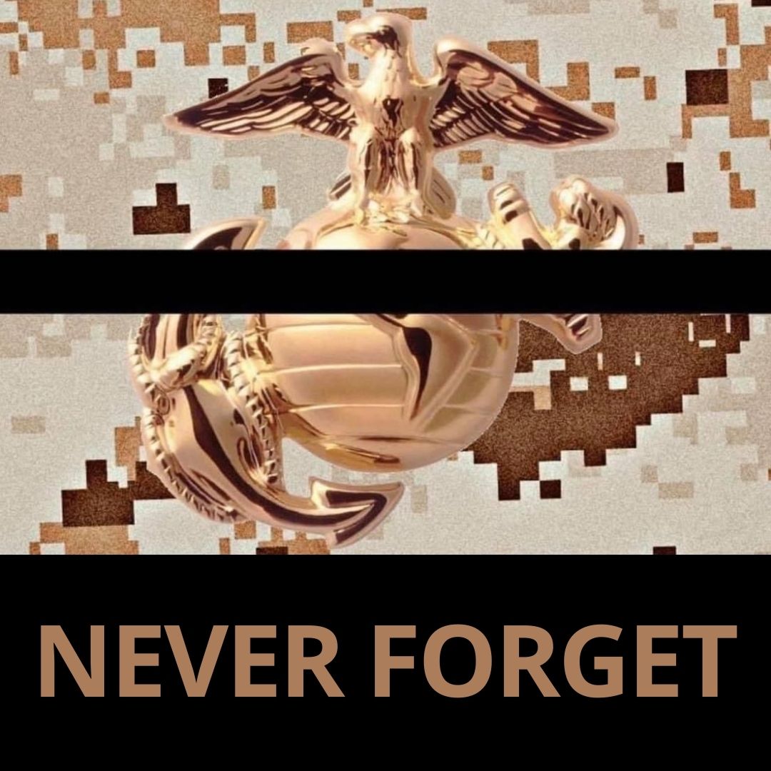 USMC emblem on a desert camo background with a black "NEVER FORGET" banner