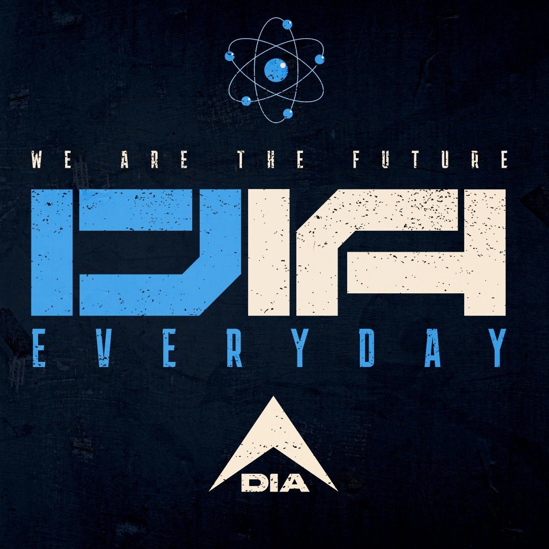 "WE ARE THE FUTURE DIA EVERYDAY" text on a dark background with an atom graphic and a DIA logo.