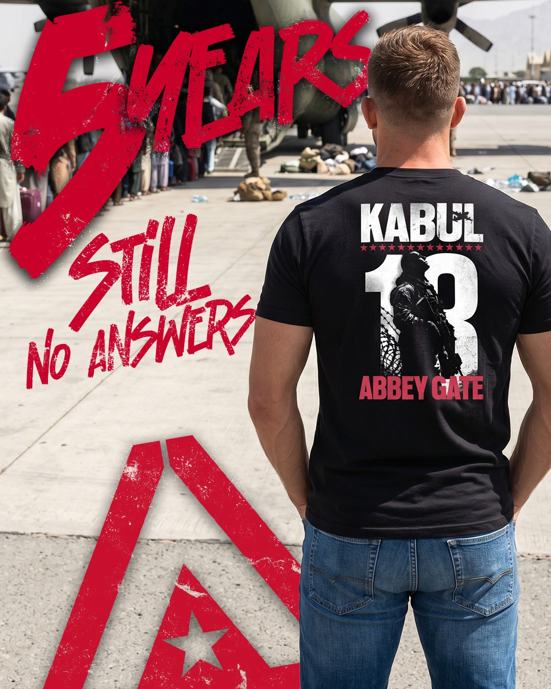 Bearded man in a sunny desert, wearing a black "KABUL 13" t-shirt with a red DIA logo on the left sleeve.