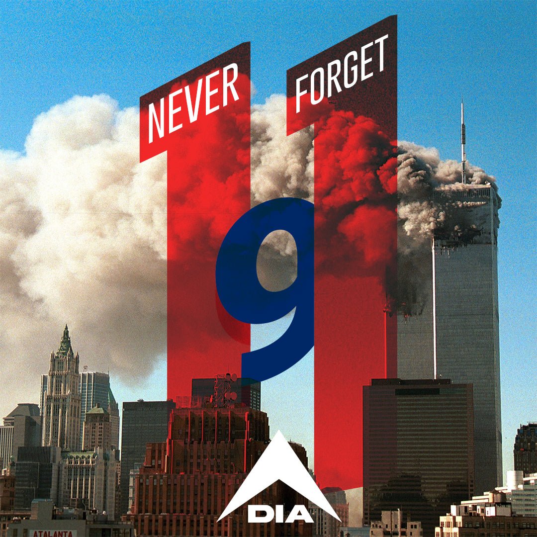 Twin Towers in a smoke-filled NYC skyline, with red "11" and blue "9" graphics, and a white DIA logo.