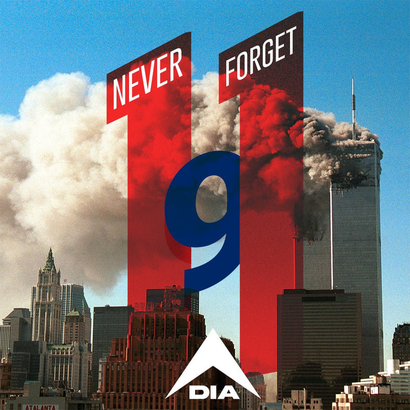 Twin Towers in a smoke-filled NYC skyline, with red "11" and blue "9" graphics, and a white DIA logo.