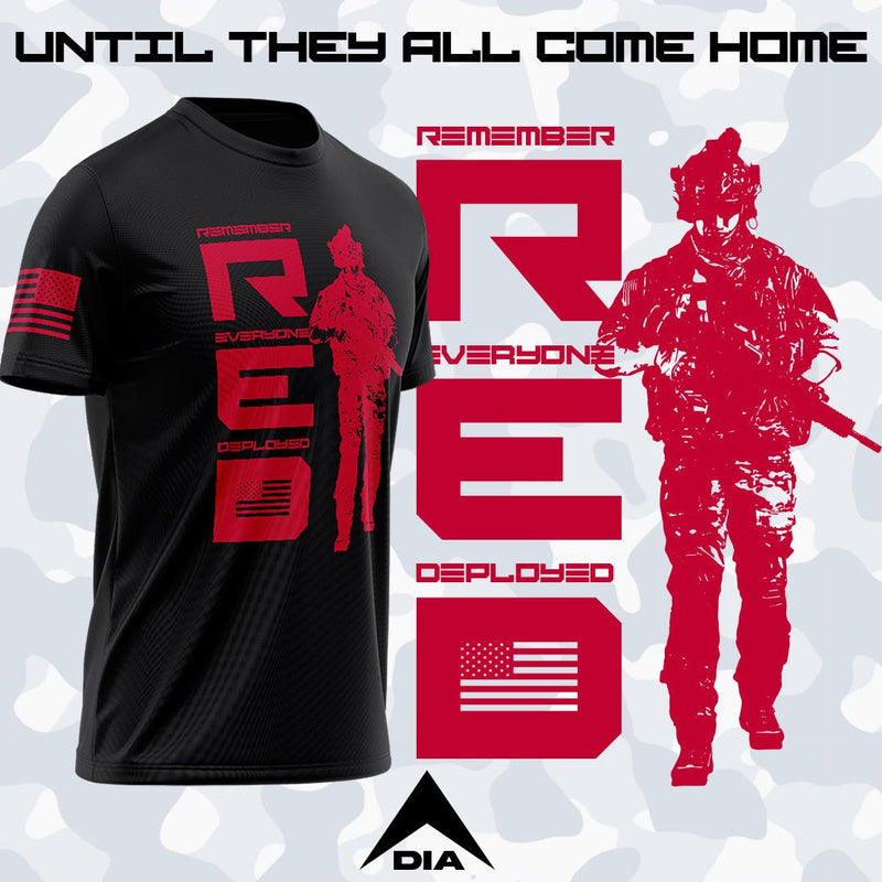 Black t-shirt shown from a three-quarter view angled right, featuring a red "R.E.D." graphic and a soldier silhouette.