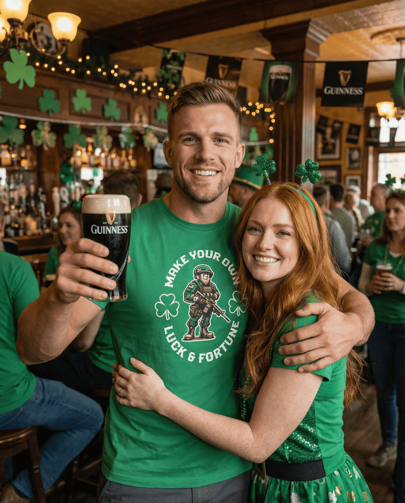 Man smiling in a pub, wearing a green t-shirt with a "Make Your Own Luck" graphic, DIA logo on the sleeve.