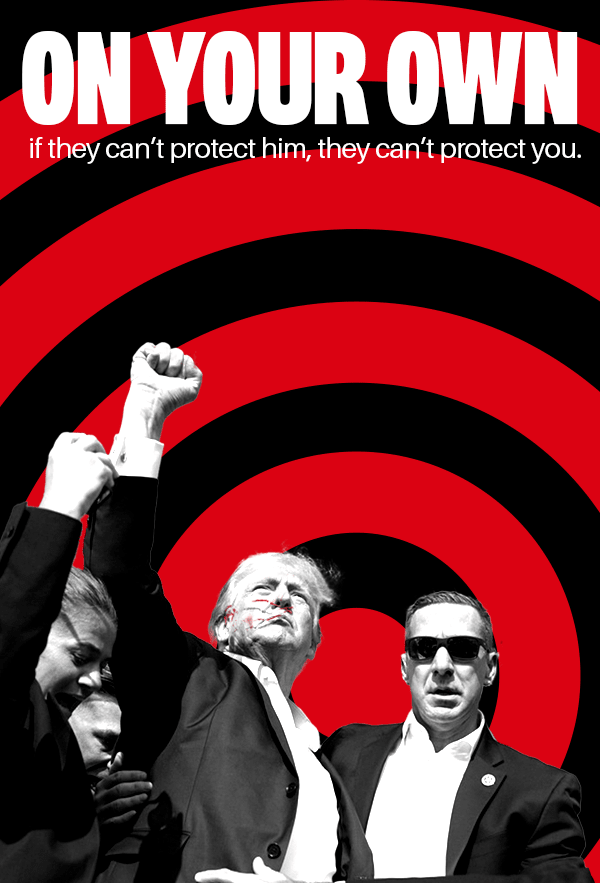 Donald Trump with a raised fist and blood on his face, surrounded by security against a red and black bullseye.