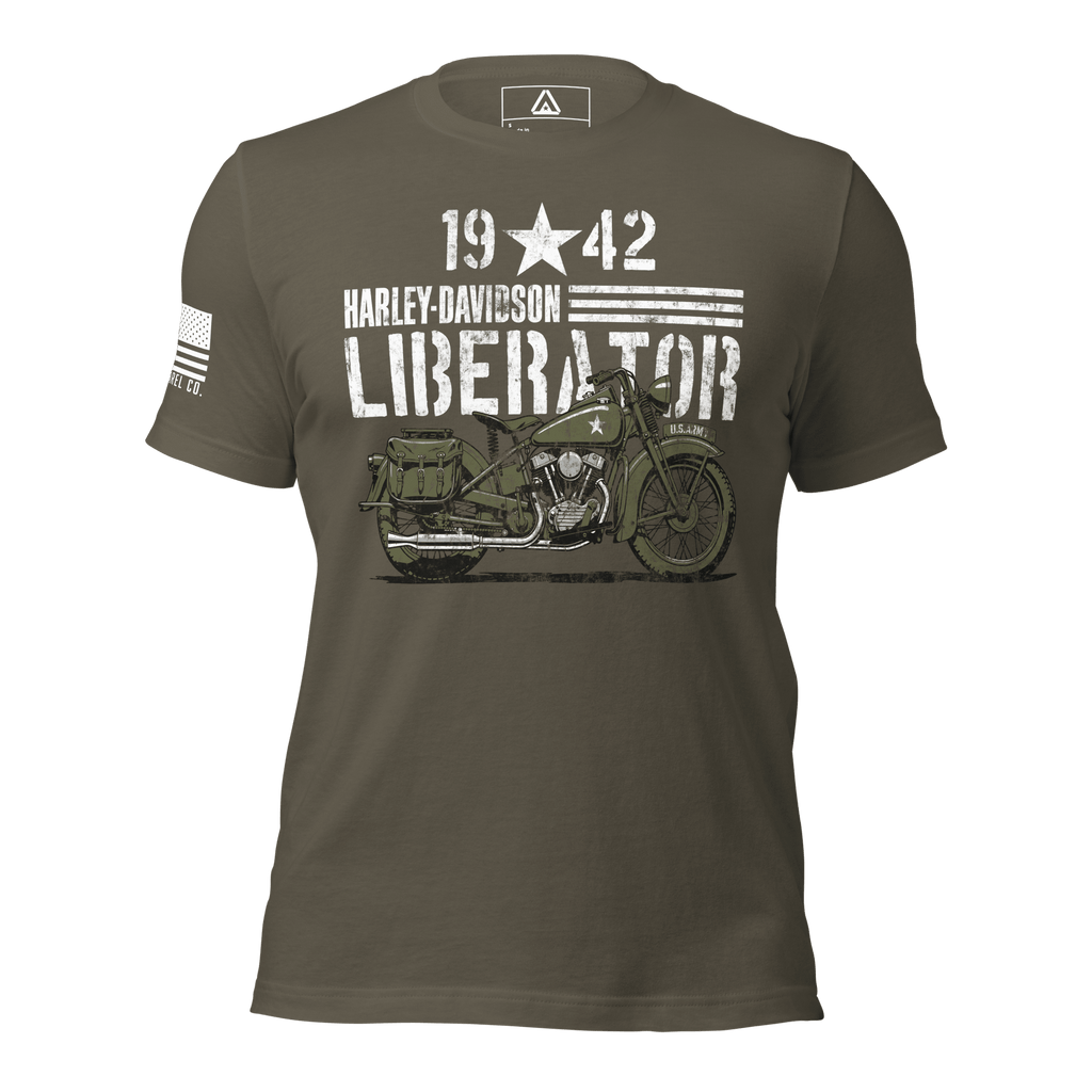 Olive green t-shirt from a flat front view, with a 1942 motorcycle and white American flag on the sleeve.