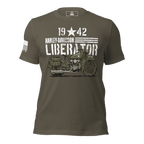Olive green t-shirt from a flat front view, with a 1942 motorcycle and white American flag on the sleeve.