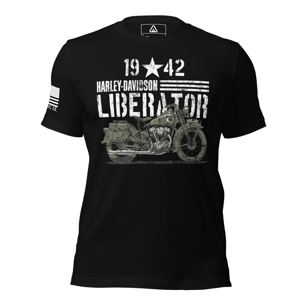 Black t-shirt featuring a 1942 Harley-Davidson Liberator motorcycle graphic with white distressed text.