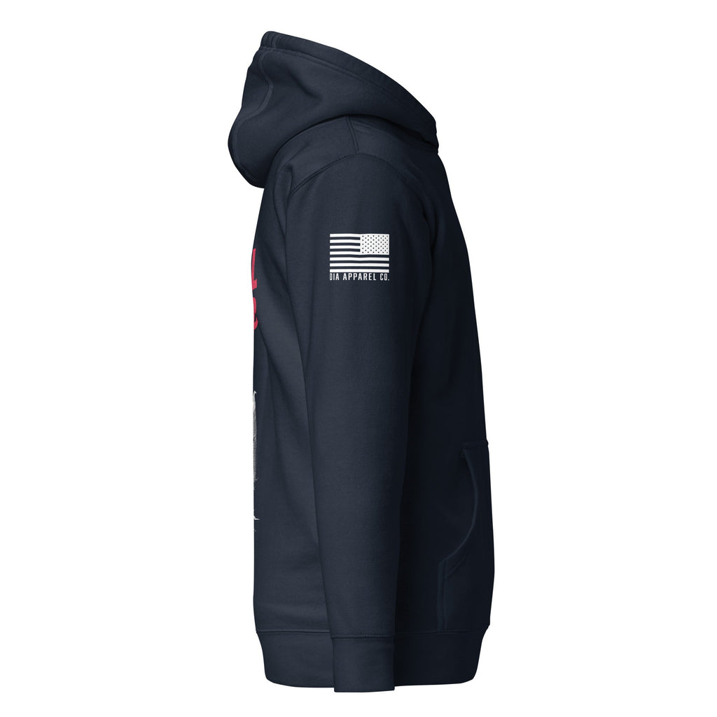 Navy hoodie shown from the right-side view, featuring a white American flag patch with "DIA APPAREL CO." on the sleeve.