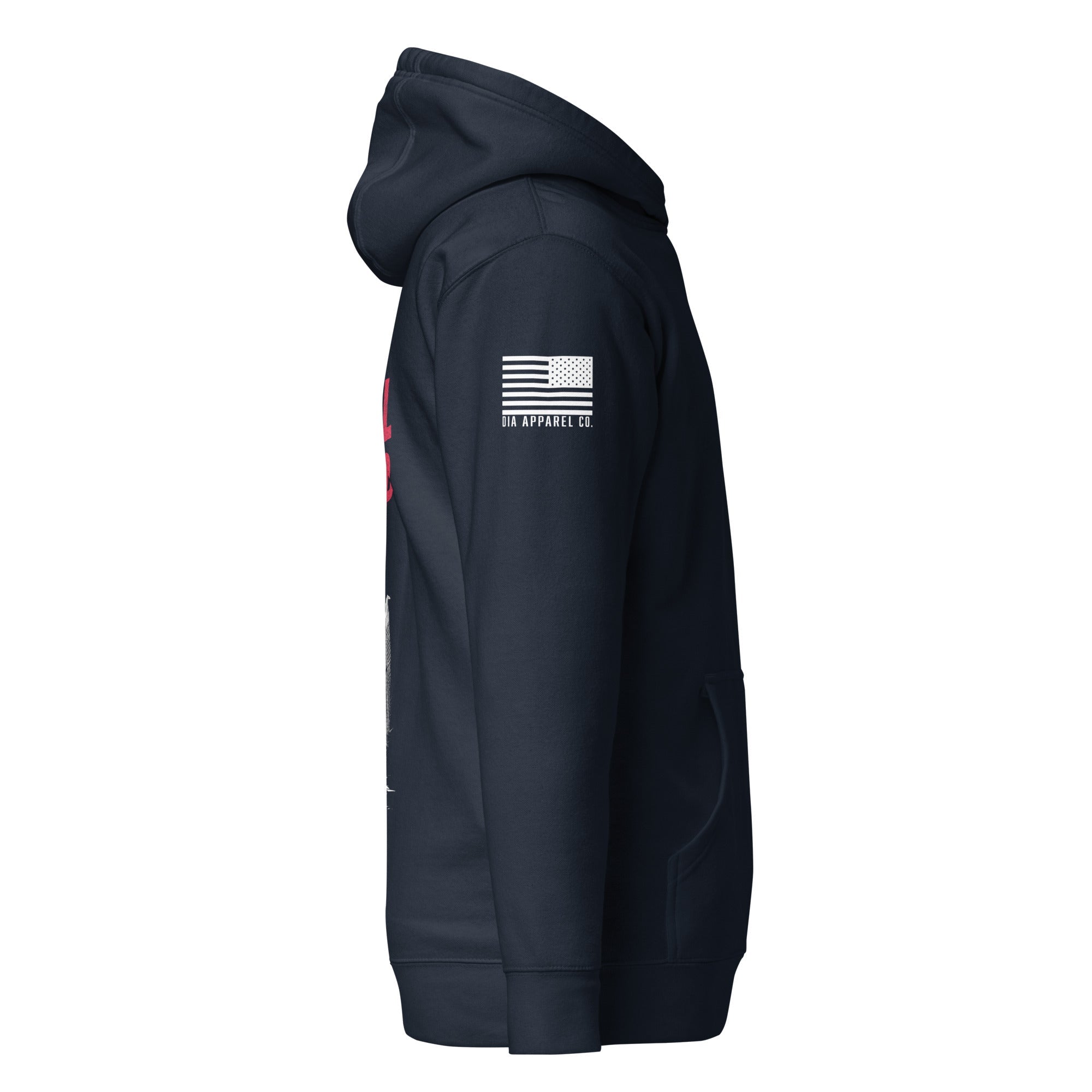 Navy hoodie shown from the right-side view, featuring a white American flag patch with "DIA APPAREL CO." on the sleeve.