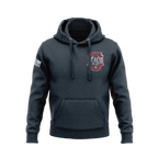 Navy hoodie with a front 3 Truck 25th Anniversary crest graphic and an American flag patch on the right sleeve.