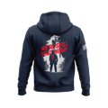 Navy hoodie featuring back graphic with "WE'RE STILL HEADING UP" text, 9/11 firefighter graphic, and American flag sleeve patch.