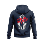 Navy hoodie featuring back graphic with "WE'RE STILL HEADING UP" text, 9/11 firefighter graphic, and American flag sleeve patch.
