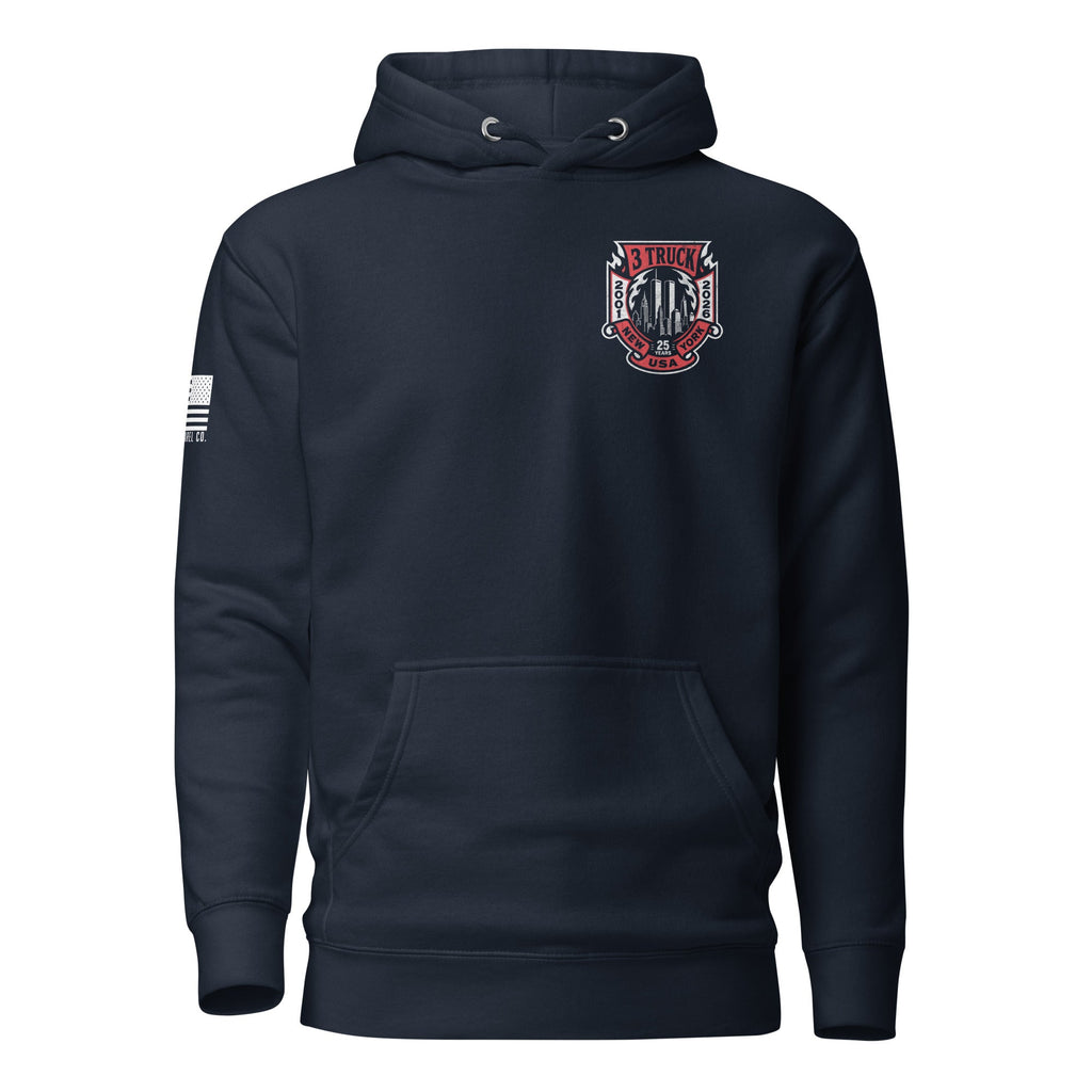 Navy hoodie featuring 3 Truck 9/11 memorial chest graphic, American flag patch, and DIA logo on the sleeves.