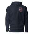 Navy hoodie featuring 3 Truck 9/11 memorial chest graphic, American flag patch, and DIA logo on the sleeves.