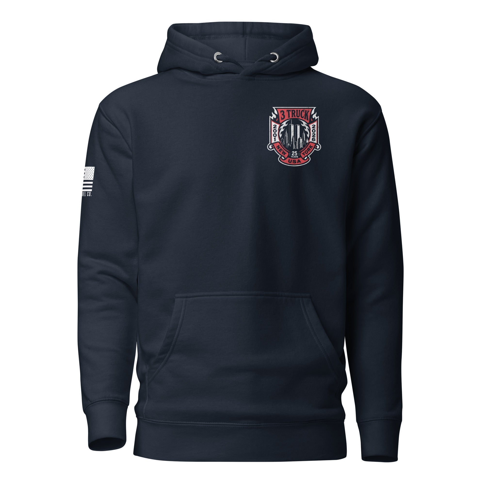 Navy hoodie featuring 3 Truck 9/11 memorial chest graphic, American flag patch, and DIA logo on the sleeves.