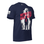 Navy t-shirt, three-quarter view angled right, firefighter graphic, American flag right sleeve, 3 Truck crest left sleeve.