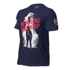 Navy t-shirt, three-quarter view angled left, firefighter graphic, American flag right sleeve, 3 Truck crest left sleeve.