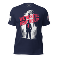 Navy t-shirt front view, with "We're Still Heading Up" front graphic, American flag right sleeve, 3 Truck crest left sleeve.