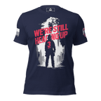 Navy t-shirt front view, with "We're Still Heading Up" front graphic, American flag right sleeve, 3 Truck crest left sleeve.