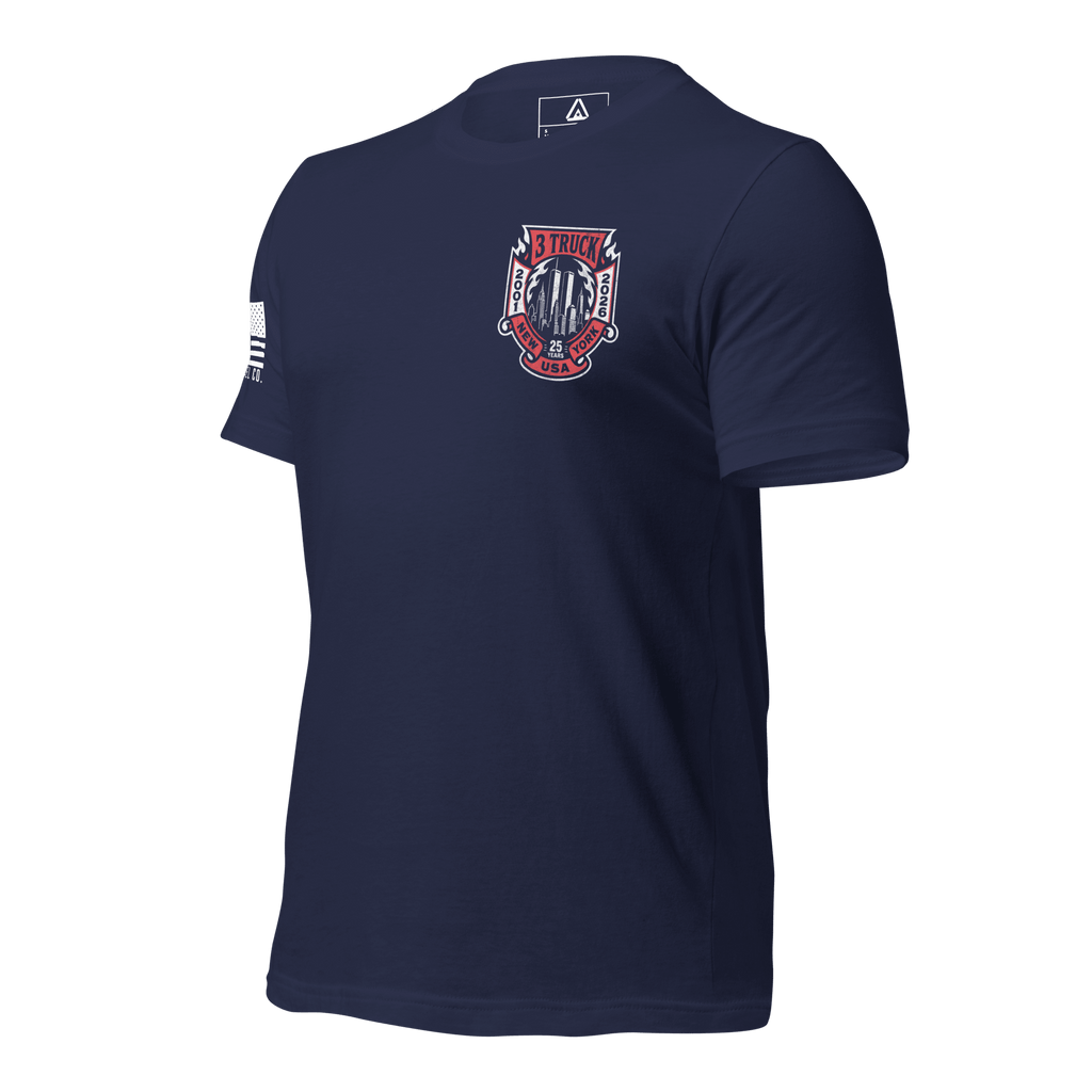 Navy t-shirt, three-quarter view angled right, 3 Truck 25 Years crest left chest print, American flag on right sleeve.