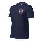 Navy t-shirt, three-quarter view angled right, 3 Truck 25 Years crest left chest print, American flag on right sleeve.
