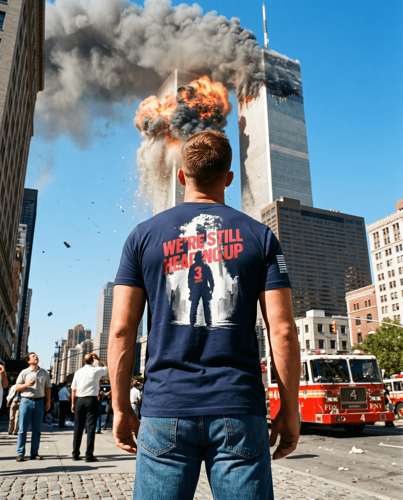 Man facing cityscape, wearing navy firefighter "We're Still Heading Up" back graphic t-shirt, back view.