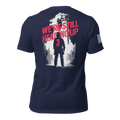 Navy t-shirt back view, featuring a firefighter "We're Still Heading Up" graphic, American flag on the right sleeve.