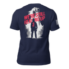 Navy t-shirt back view, featuring a firefighter "We're Still Heading Up" graphic, American flag on the right sleeve.