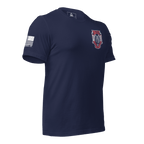 Navy t-shirt, three-quarter view angled right, 3 Truck 25 Years crest left chest print, American flag on right sleeve.