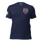 Navy t-shirt front view, featuring a 3 Truck 25 Years crest left chest print, American flag on right sleeve.