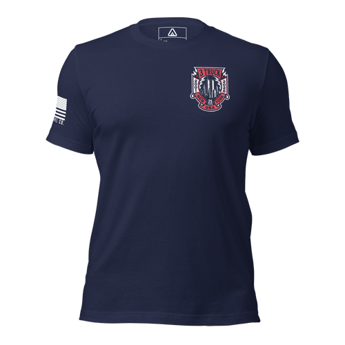 Navy t-shirt front view, featuring a 3 Truck 25 Years crest left chest print, American flag on right sleeve.