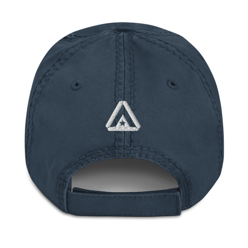 Back view of a distressed navy blue baseball cap featuring a white embroidered DIA logo.