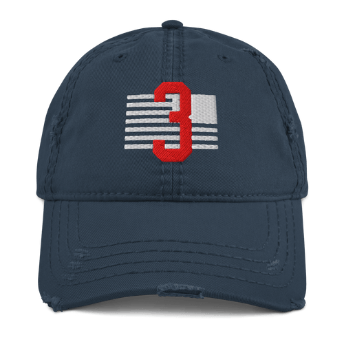 Front view of a distressed navy blue baseball cap with a red number 3 over white flag-like stripes.