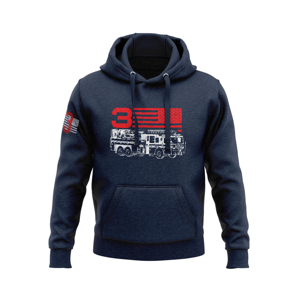 Navy blue hoodie displaying a front "3" fire truck graphic with an American flag background and right sleeve emblem.   