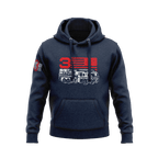 Navy blue hoodie displaying a front "3" fire truck graphic with an American flag background and right sleeve emblem.   