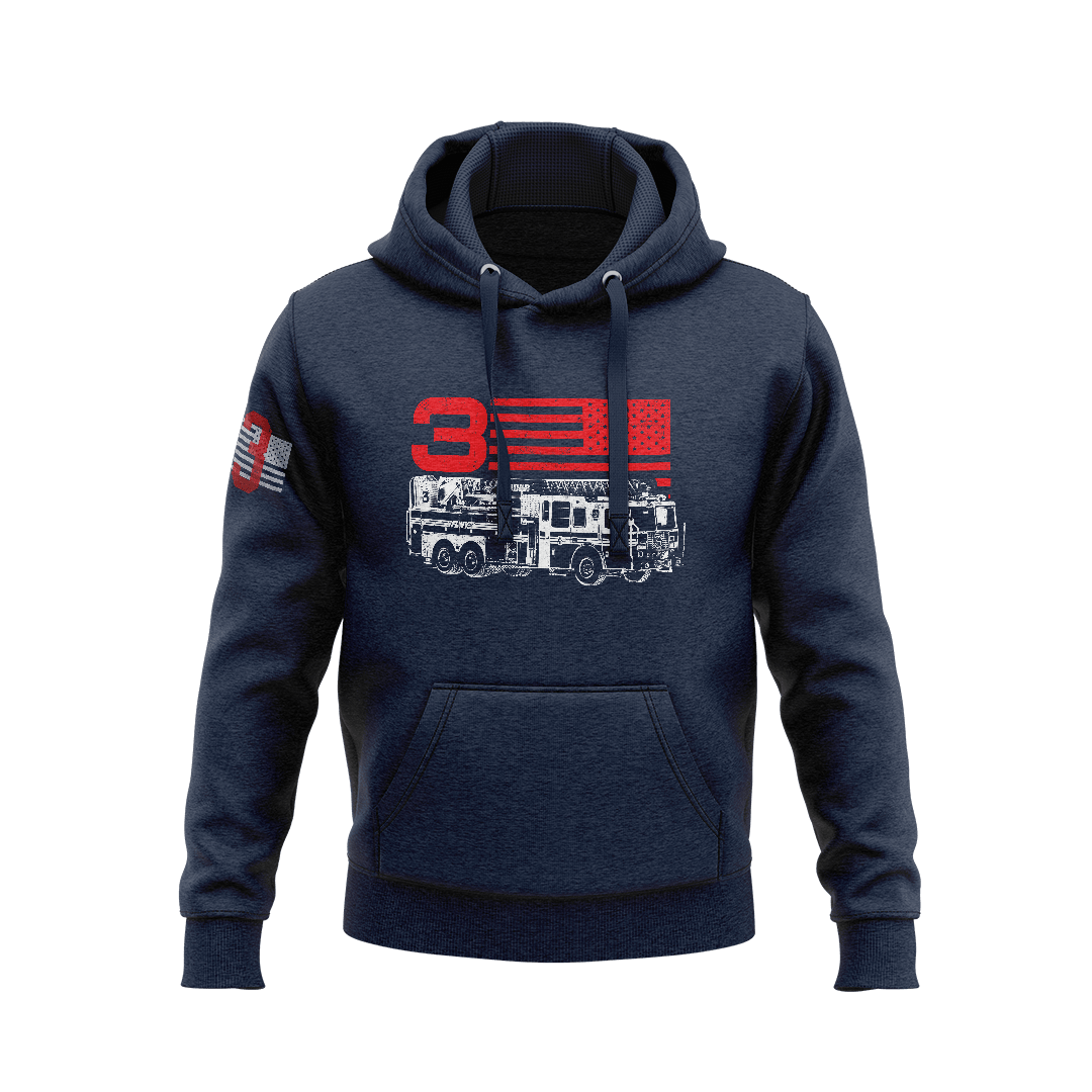 Navy blue hoodie displaying a front "3" fire truck graphic with an American flag background and right sleeve emblem.   