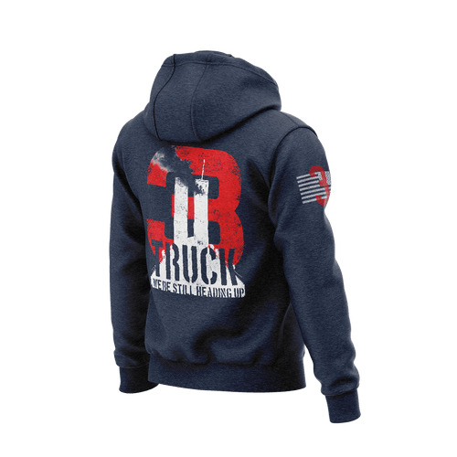 Navy hoodie back with red "3", Twin Towers "TRUCK" graphic, and American flag on sleeve.