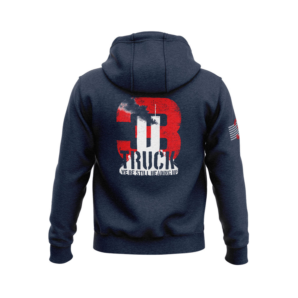 Navy blue hoodie with back "3 TRUCK WE'RE STILL HEADING UP" Twin Towers graphic and a right sleeve flag emblem.   