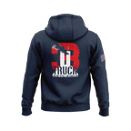 Navy blue hoodie with back "3 TRUCK WE'RE STILL HEADING UP" Twin Towers graphic and a right sleeve flag emblem.   
