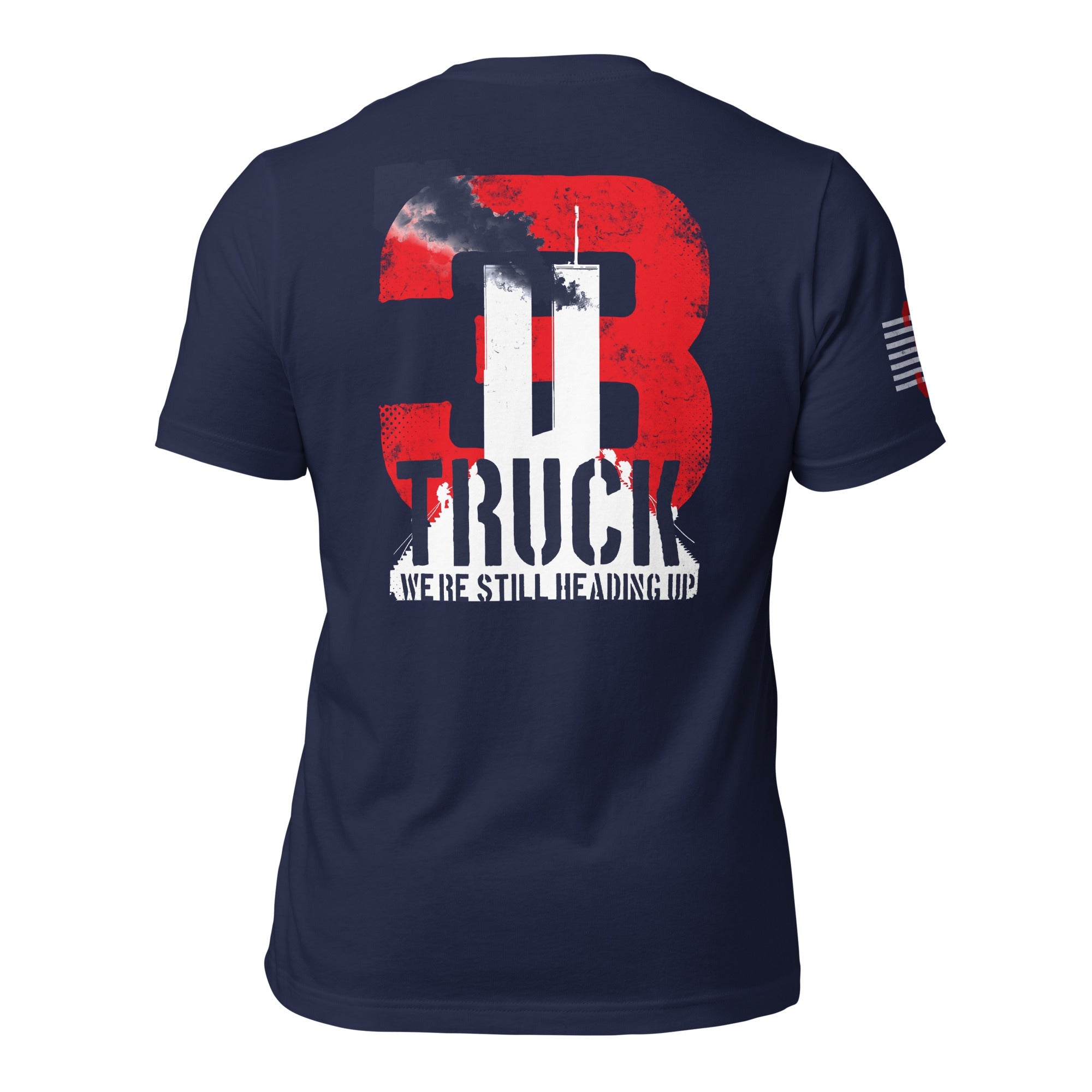Navy T-shirt back view with a red "3", "TRUCK", and white Twin Towers with black smoke.