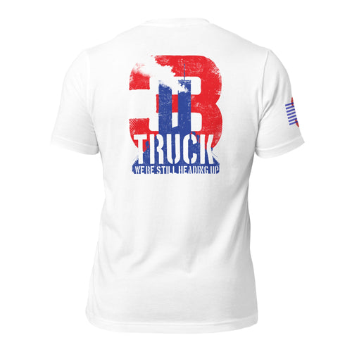 White T-Shirt back view with large red/blue "3", "TRUCK", and Twin Towers distressed graphic.