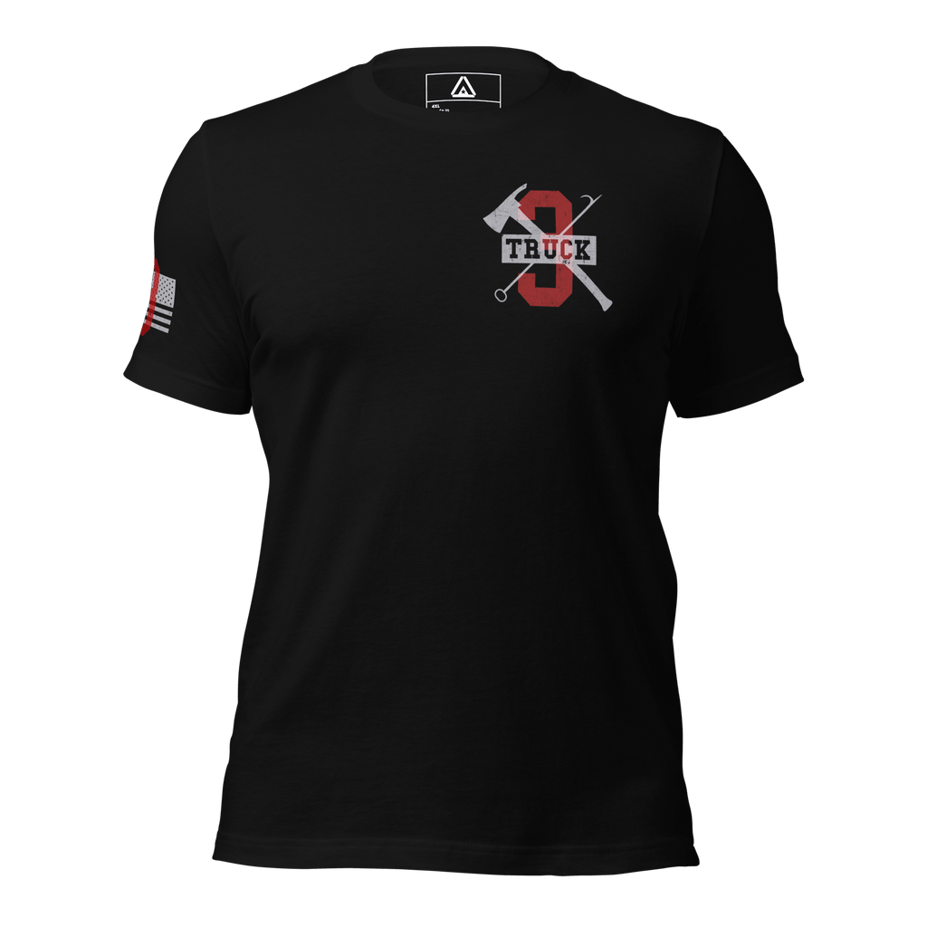 Black 3 Truck T-shirt front displaying red and white chest graphics with firefighter emblem and text details